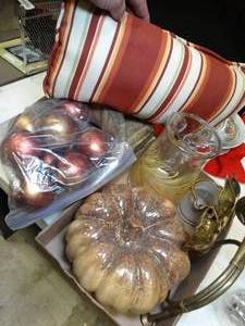 lot 37732 image: Fall  Thanksgiving Decor - Heavy Cornucopia with Metallic Fruits - Pillow - Ceramic Pumpkin 