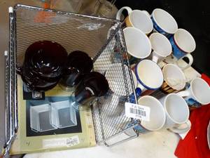 lot 37736 image: New Cabinet Organizer with Red Glass and collection of coffee mugs