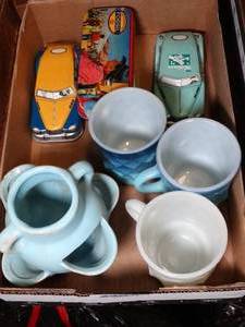 lot 37771 image: Vintage Fire-King Mugs, Strawberry Planter Pot & Older Fossil Watch Boxes (empty)