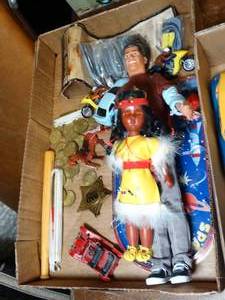 lot 37773 image: Older toy lot - Small collection of dolls, coins, game, motorcycle & more