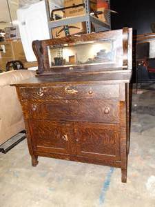 lot 37779 image: Antique Wood Buffet w mirror
