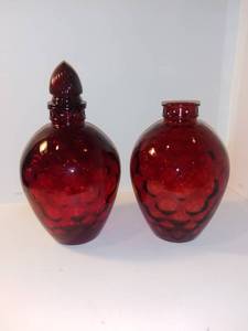 lot 4217 image: Pair of Ruby Red Honeycomb Decanters - 1 Missing Stopper