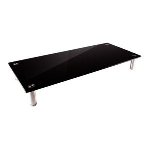 lot 7845 image: Monoprice Medium Multimedia Desktop Stand, Black Glass 25.6 x 11.0 - Stand & Riser, Laptop Stand, Desktop TV Stand, Dual Monitors w Height Adjustable Legs - Workstream Collection