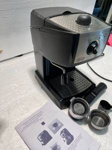 lot 7851 image: DeLonghi EC155 15-Bar Black and Silver Espresso Machine and Cappuccino Maker