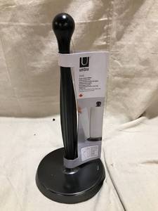 lot 8506 image: Umbra Tug Modern Stand Up Paper Towel Holder  Easy One-Handed Tear Kitchen Paper Towel Dispenser with Weighted Base for Standard Paper Towel Rolls, Metallic Black