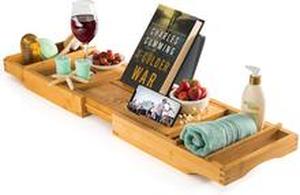 lot 7839 image: Royal Craft Wood Natural Bamboo Bathtub CaddyBath Serving Tray for 2, Luxury Bathtub Accessories Set