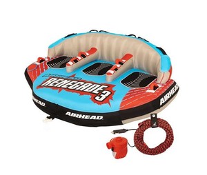 lot 1122 image: Airhead Renegade 3 Person Inflatable Towable Water Tube Kit W Boat Rope & Pump