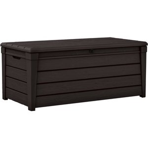 lot 1130 image: Keter Brightwood Outdoor Plastic Deck Box, All-Weather Resin Storage, 120 Gal, Brown
