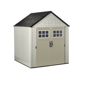 lot 1137 image: Rubbermaid 7 x 7 ft Large Vertical Storage Shed, Sandstone & Onyx