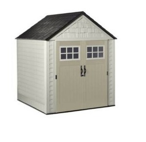 lot 1138 image: Rubbermaid 7 x 7 ft Large Vertical Storage Shed, Sandstone & Onyx