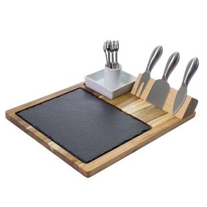 lot 1253 image: Zelancio Slate Cheese Board Set - 10 Piece Set Includes 4 Stainless Steel Cheese Tools, Premium Acacia Serving Tray with Slate Board, and Porcelain Olive