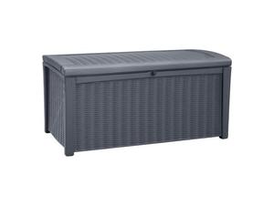 lot 1317 image: Keter Borneo RattanWicker Style Resin Patio Deck Box Storage Bin, 110gal, Grey