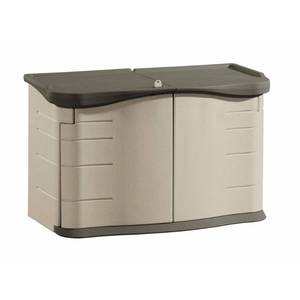 lot 1335 image: Rubbermaid 2 x 5 ft Horizontal Storage Shed with Split Lid, Olive & Sandstone