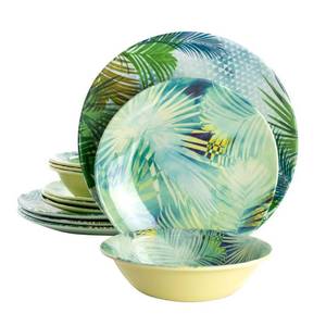 lot 1378 image: Gibson Home Tropical Leaf 12-Piece Blue Round Melamine Dinnerware Set