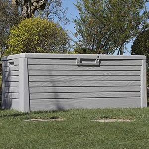 lot 1473 image: Toomax Florida UV Resistant Lockable Deck Storage Box Bench for Outdoor Pool Patio Garden Furniture & Indoor Toy Bin Container, 145 Gallon