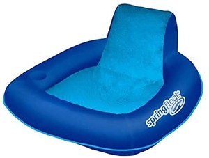 lot 1747 image: SwimWays Spring Float SunSeat Mesh Floating Inflatable Swimming Pool Lounge Chair in Blue with Comfortable Padded Armrests, Backrests, and Cup Holder