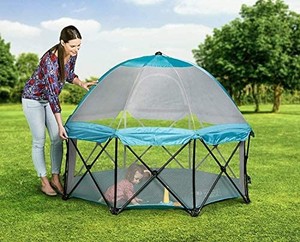 lot 1815 image: Regalo My Play Deluxe Extra Large Portable Play Yard Indoor and Outdoor, Bonus Kit, Includes Carry Case and Full Canopy, Washable, Teal, 8-Panel