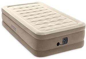lot 1817 image: Intex Ultra Plush Fiber-Tech 18 Inch High Twin Inflatable Airbed Elevated Air Mattress with Built-in Pump & Flocked Top, Tan