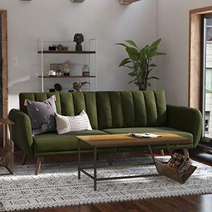 lot 7546 image: Novogratz Brittany Sofa Futon - Premium Upholstery and Wooden Legs - Green