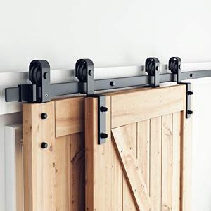 lot 7550 image: SMARTSTANDARD 5 Feet Bypass Sliding Barn Door Hardware Kit - Single Track Bypass for Double Wooden Doors - Smoothly & Quietly - Easy to Install - Fit 30 Wide Door Panel (J Shape Hanger)