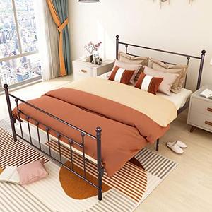 lot 7565 image: Elegant Home Products Metal Bed Frame Queen Size Platform Foundation with Headboard and Footboard Heavy Duty Steel Slabs No Box Spring Needed,Brown
