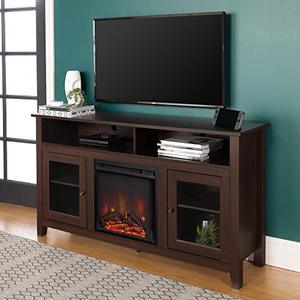 lot 7567 image: Walker Edison Glenwood Rustic Farmhouse Glass Door Highboy Fireplace TV Stand for TVs up to 65 Inches, 58 Inch, Espresso