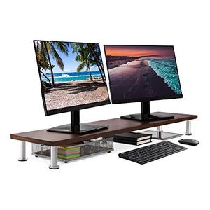 lot 7570 image: Large Dual Monitor Stand for Computer Screens - Solid Bamboo Riser Supports The Heaviest Monitors, Printers, Laptops or TVs - Perfect Shelf Organizer for Office Desk Accessories & TV Stands (Brown)