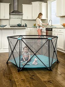 lot 7579 image: Regalo My Portable Play Yard Indoor and Outdoor, Bonus Kit, Includes Carry Case, Washable, Aqua, 6-Panel