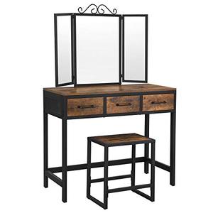 lot 7580 image: VASAGLE Vanity Table Set, Writing Desk, Makeup Table with Stool, 3 Drawers, Tri-Fold Mirror, Metal Frame, Industrial, Rustic Brown and Black URVT02BX