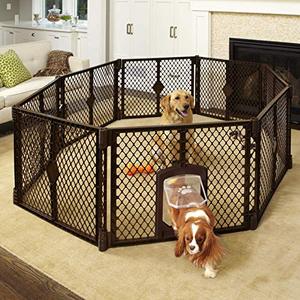 lot 7604 image: MYPET North States Petyard Passage 4, 6 or 8 panel pet enclosure with lockable pet door. Freestanding. 7 sq. ft to 34.4 sq. ft. (26 tall), Brown (8799)