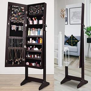 lot 7619 image: AOOU Jewelry Cabinet with Mirror Full Length, Jewelry Armoire Jewelry Organizer Standing Storage Lockable Jewelry Cabinet, 3 Adjustable Angle (Brown)