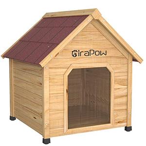 lot 7655 image: Girapow Extreme Wooden Dog House Pet Log Cabin Kennel Weather Resistant, with Transparent Door Flap, Removable Floor, 27X39X36 Inches, Large