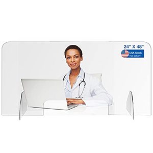 lot 7660 image: Plexiglass Sneeze Guard - Homesuit Economy 48 W x 24 H Protective Freestanding Shield with Transaction Window for Counter and Desk, Business and Customer Safety, Portable Plexiglass Barrier