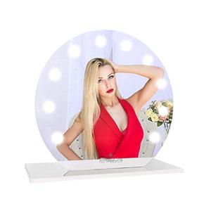 lot 7666 image: IMPRESSIONS Hollywood Sunset Mirage Vanity Mirror with LED Lights, Round Shape Vanity Dressing Mirror with Standing Base and Power Outlet Mirror is Not Broken