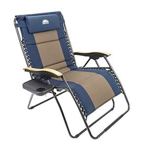 lot 7674 image: Coastrail Outdoor Zero Gravity Chair Wood Armrest XXL Camping Lounge Patio Support 400lbs Padded Folding Lawn Recliner with Side Table, BlueBrown