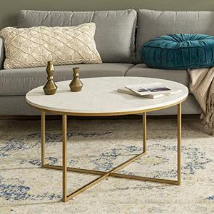 lot 7675 image: Walker Edison Cora Modern Round Faux Marble Top Coffee Table with X Base, 36 Inch, White Faux Marble and Gold