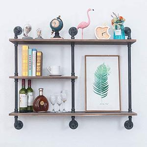 lot 7704 image: Industrial Pipe Shelving Wall Mounted,Wall Shelf Unit Bookshelf Hanging Wall Shelves,43in Rustic Metal Floating Shelves,Steampunk Real Wood Book Shelves,Farmhouse Kitchen Bar Shelving(3 Tier)
