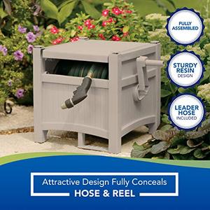 lot 7721 image: Suncast Resin Outdoor Hideaway 100 ft Durable Storage Reel with Crank Handle and Lid 100 Hose Capacity, Taupe
