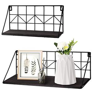 lot 7764 image: TIMEYARD Floating Shelves Wall Mounted, Set of 2 Black Wire Metal Wood Shelves, Modern Arrow Design Storage Shelf for Small Items, Bedroom, Dorm, Living Room, Bathroom, Kitchen, Small and Large