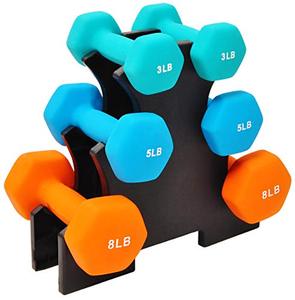 lot 7798 image: Sporzon Colored Neoprene Coated Dumbbell Set with Stand, Multiple