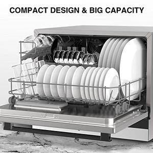 lot 7811 image: MOOSOO Countertop Dishwasher, Compact Dishwasher with 5 Washing Programs, Portable Dishwasher with Child Lock and Intelligent Heat Drying Function, 6 Place Setting Rack and Silverware Basket
