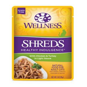 lot 2215 image: Wellness Healthy Indulgence Natural Grain Free Shreds with Chicken & Turkey in Light Sauce Wet Cat Food, 3 oz., Case of 12, 12 X 3 OZ