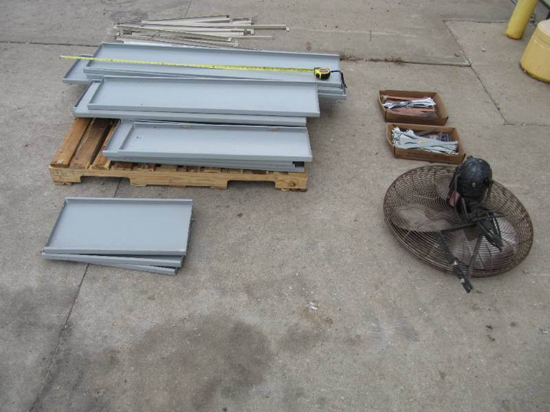 lot 7015 image: PALLET OF SHELVING MATERIAL AND  30 WALL FAN
