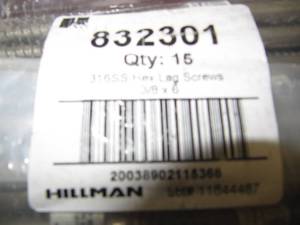 lot 1919 image: NEW HILLMAN 15 PCS. 316SS HEX LAG SCREWS 38 X 6