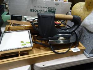 lot 23080 image: Lot of Utensils in Organizer Tray with a Napkin Holder and Clothes Iron