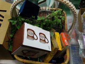 lot 23068 image: Basket of Lettering Stencils - some brass - and hunters theme coffee mug