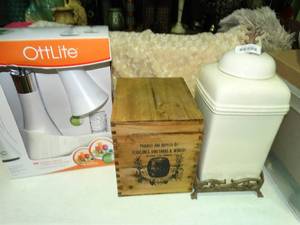 lot 23041 image: Ortho tabletop lamp for crafting  sewing - Wood decorative lidded box - and cream color decorative canister