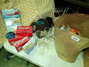 lot 23059 image: Lot of Water Flavor Packets, Stemmed Glasses, and Tumblers