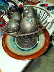 lot 23191 image: Large Multi-Colored Platter with Metal Basket and Decorative Balls