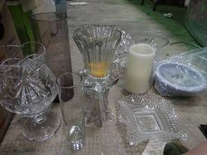 lot 23154 image: Lot of Clear Glass Vases and Candle Holders with Floral Wax Pottery Vessel